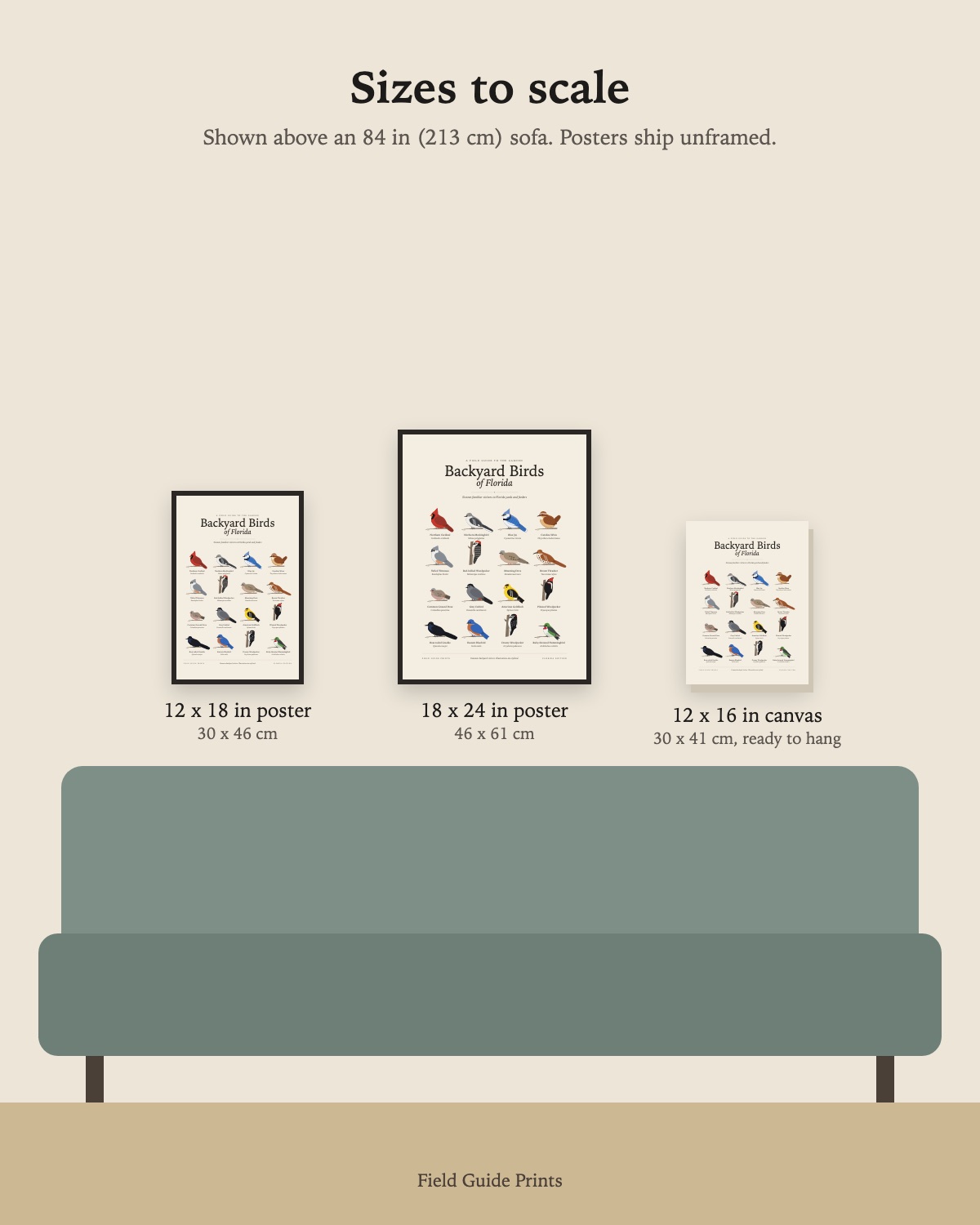 Size guide: the 12 x 18 in poster, 18 x 24 in poster and 12 x 16 in canvas to scale above an 84 inch sofa