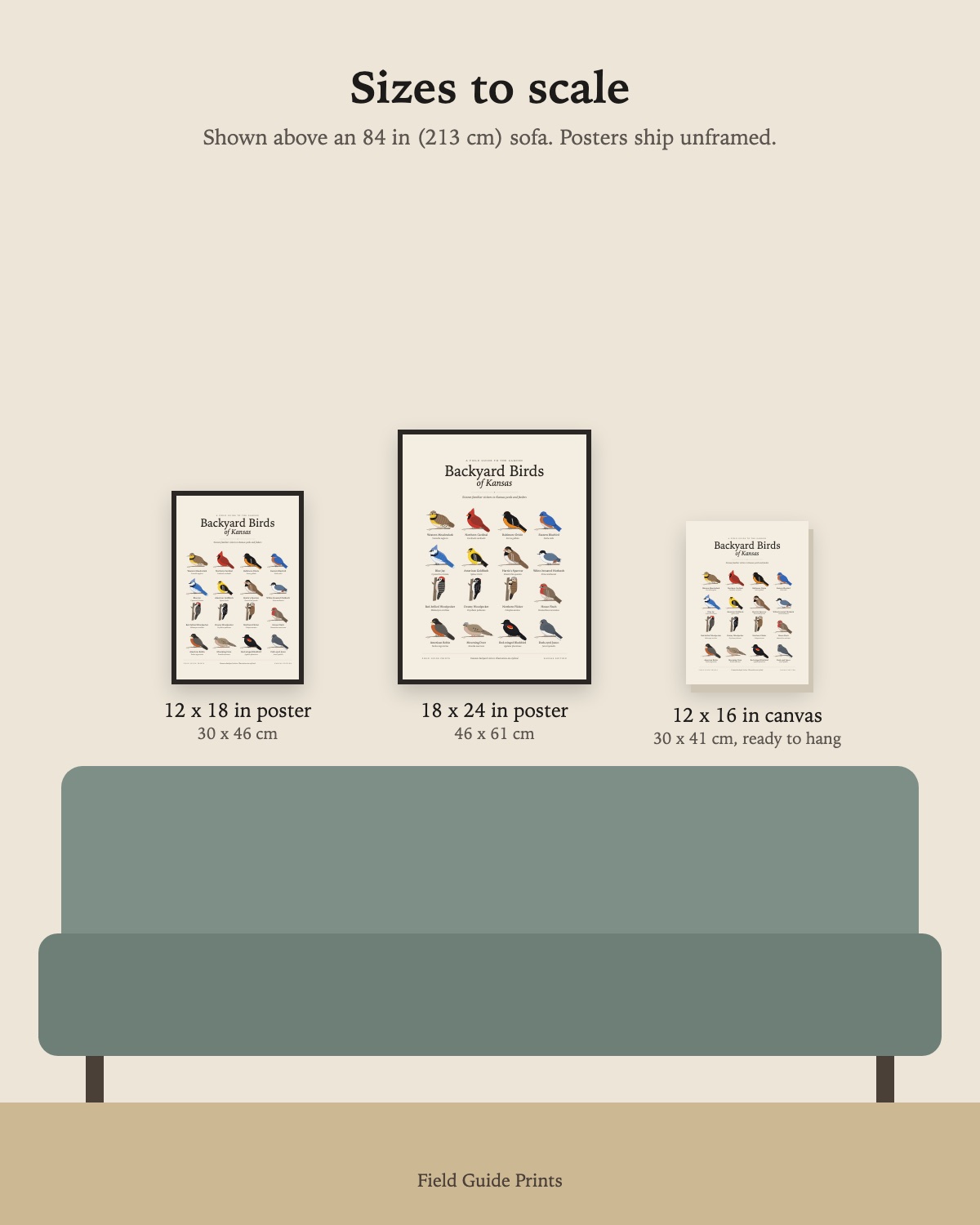 Size guide: the 12 x 18 in poster, 18 x 24 in poster and 12 x 16 in canvas to scale above an 84 inch sofa