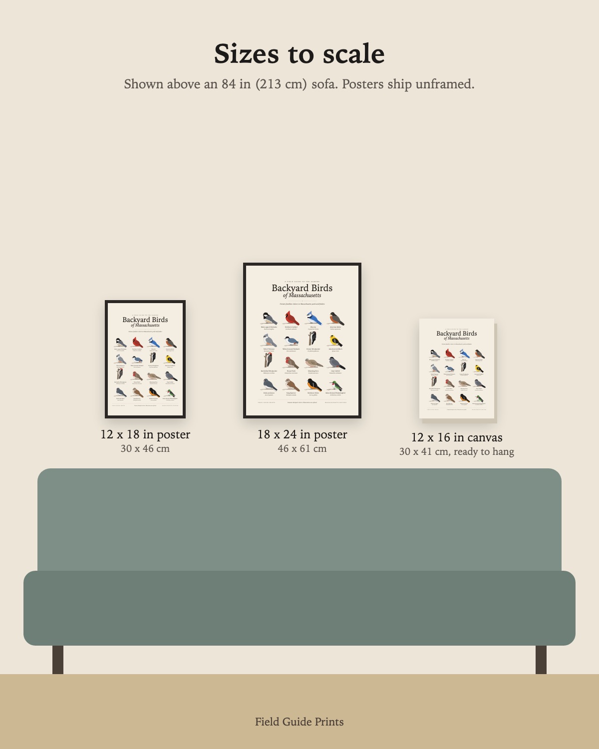 Size guide: the 12 x 18 in poster, 18 x 24 in poster and 12 x 16 in canvas to scale above an 84 inch sofa