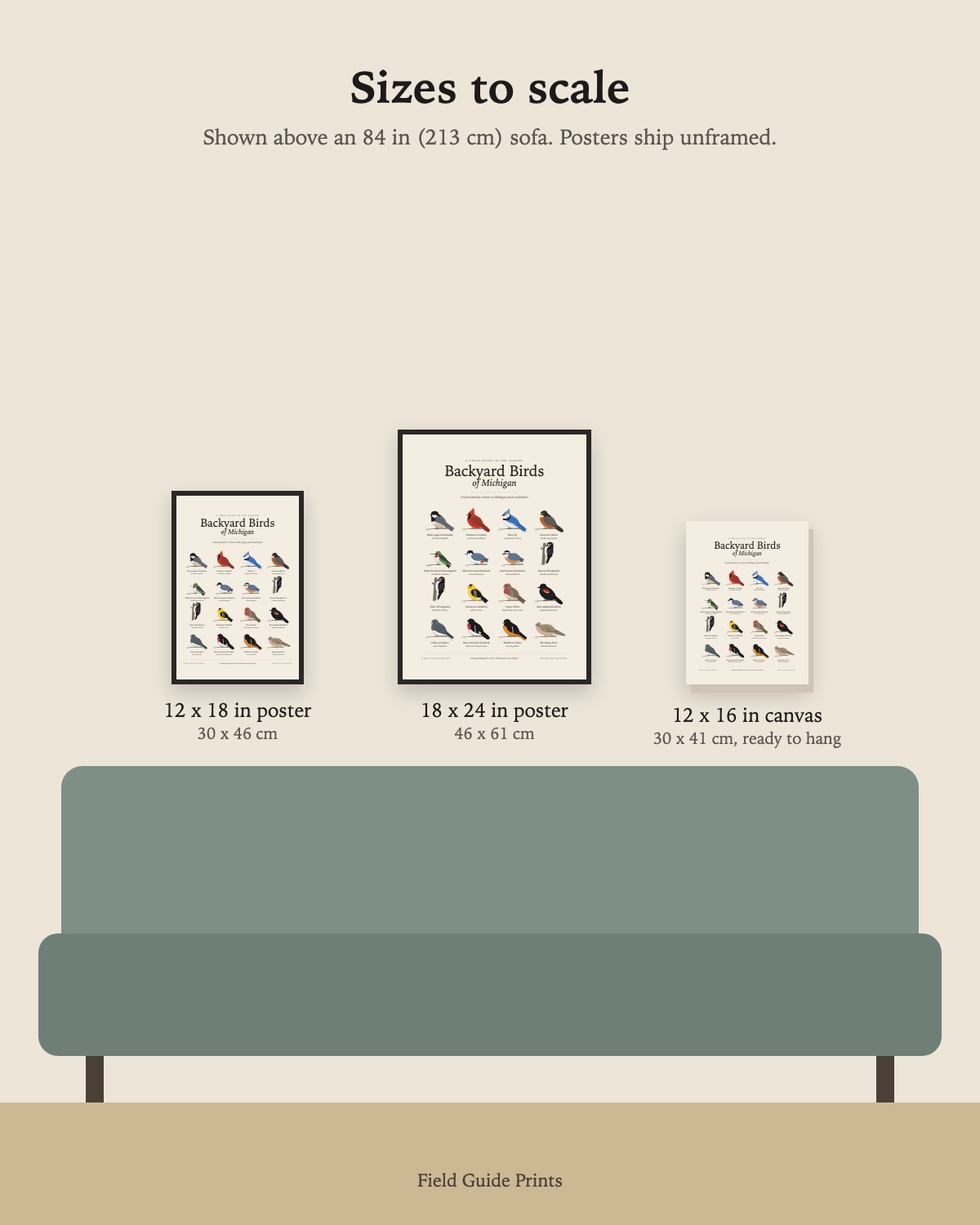 Size guide: the 12 x 18 in poster, 18 x 24 in poster and 12 x 16 in canvas to scale above an 84 inch sofa