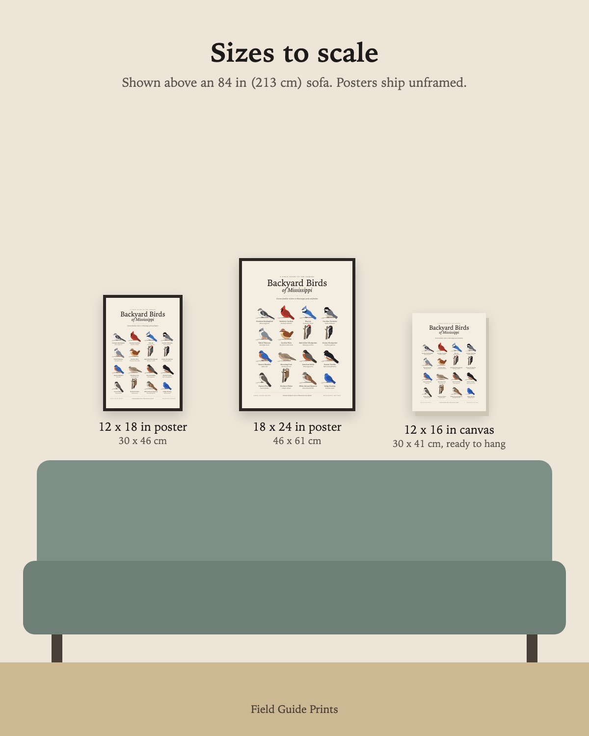 Size guide: the 12 x 18 in poster, 18 x 24 in poster and 12 x 16 in canvas to scale above an 84 inch sofa