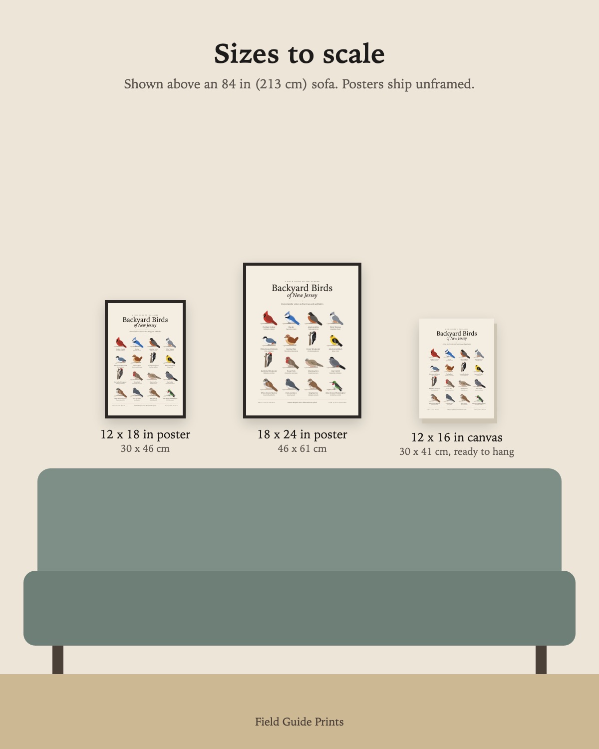 Size guide: the 12 x 18 in poster, 18 x 24 in poster and 12 x 16 in canvas to scale above an 84 inch sofa