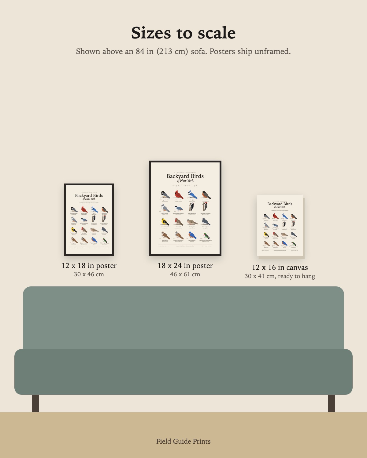 Size guide: the 12 x 18 in poster, 18 x 24 in poster and 12 x 16 in canvas to scale above an 84 inch sofa