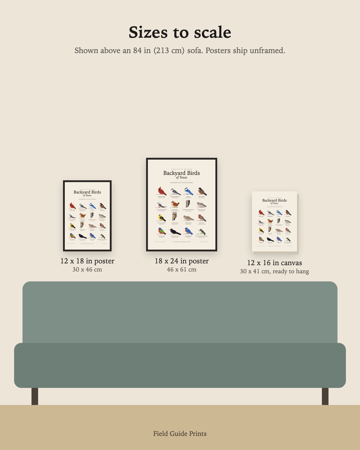Size guide: the 12 x 18 in poster, 18 x 24 in poster and 12 x 16 in canvas to scale above an 84 inch sofa