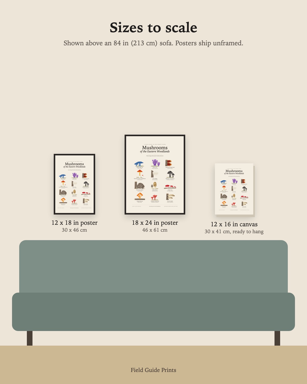 Size guide: the 12 x 18 in poster, 18 x 24 in poster and 12 x 16 in canvas to scale above an 84 inch sofa