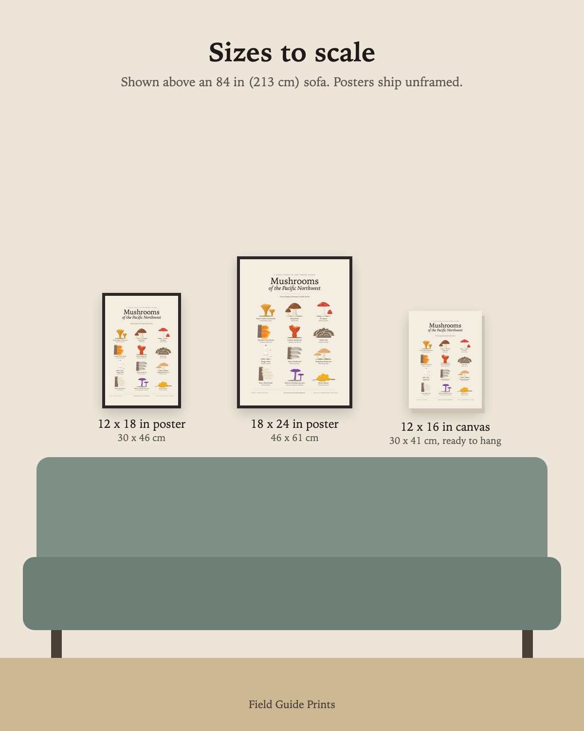 Size guide: the 12 x 18 in poster, 18 x 24 in poster and 12 x 16 in canvas to scale above an 84 inch sofa