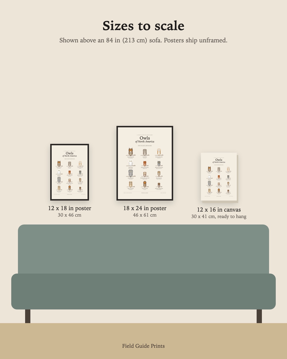 Size guide: the 12 x 18 in poster, 18 x 24 in poster and 12 x 16 in canvas to scale above an 84 inch sofa