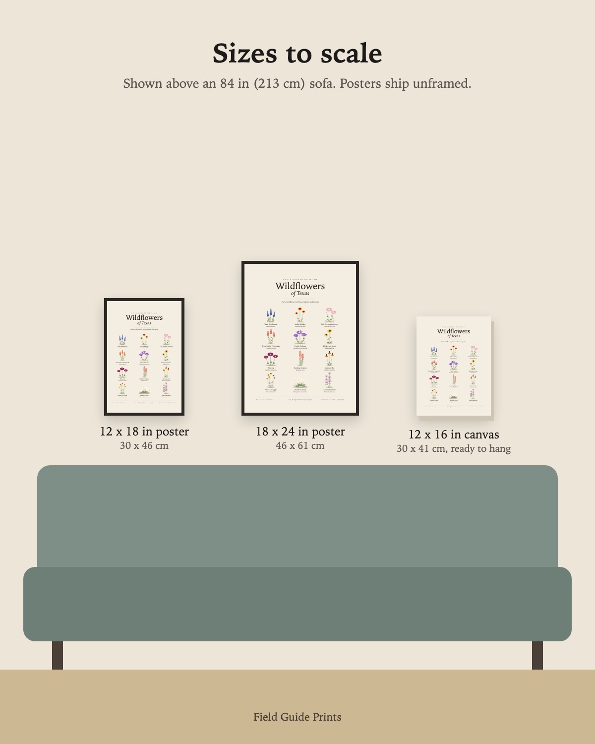 Size guide: the 12 x 18 in poster, 18 x 24 in poster and 12 x 16 in canvas to scale above an 84 inch sofa